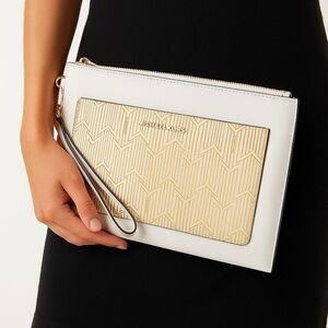 Michael Kors White Leather & Monogram Accent Clutch